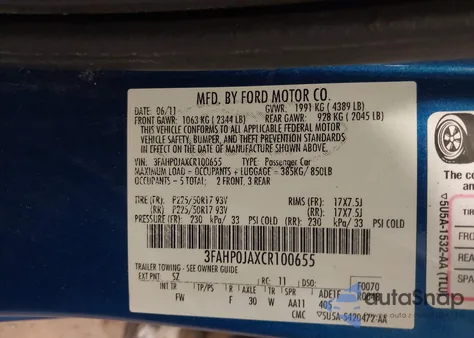 2012 Ford Fusion Sel z USA, uszkodzony, nr VIN 3FAHP0JAXCR100655